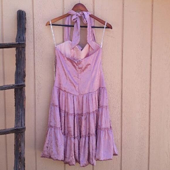 Vintage Dress Formal Sweetheart Tieback Halter Prairie Tiered Satin Pink Size 7 - Picture 2 of 8